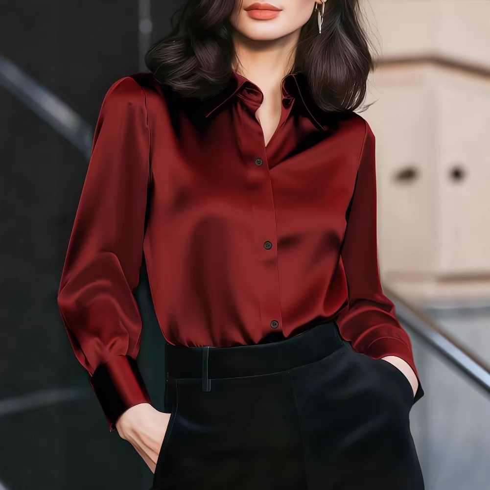 Women Formal Wear Shirts - Women Satin Lapel Collar Blouse Button